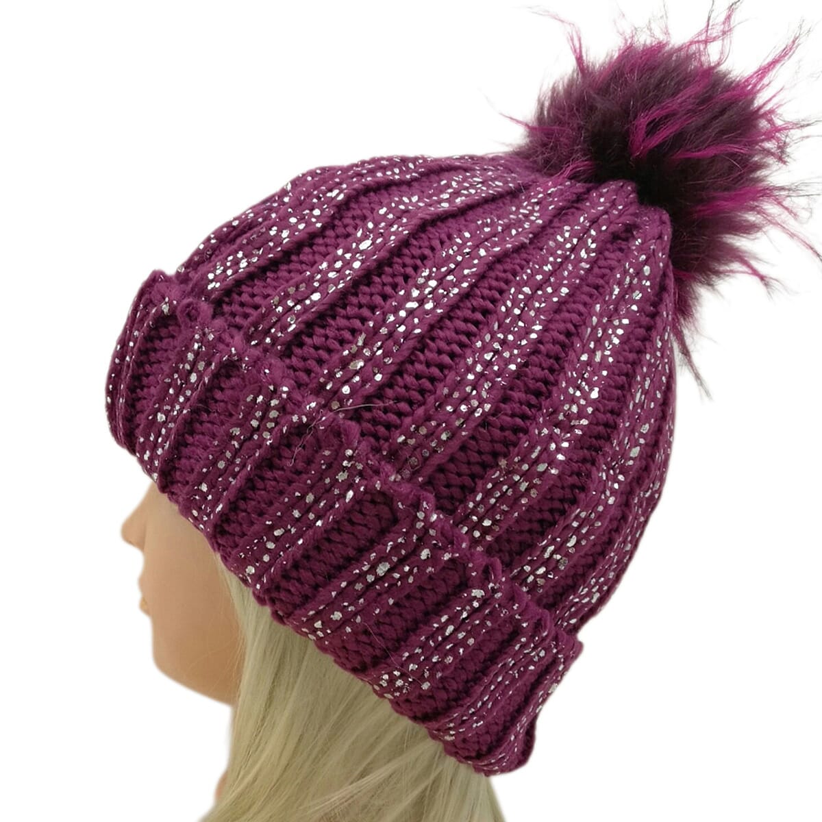 DOD- Plush Fleece Lined Faux Fur Pom Pom Hat - Purple
