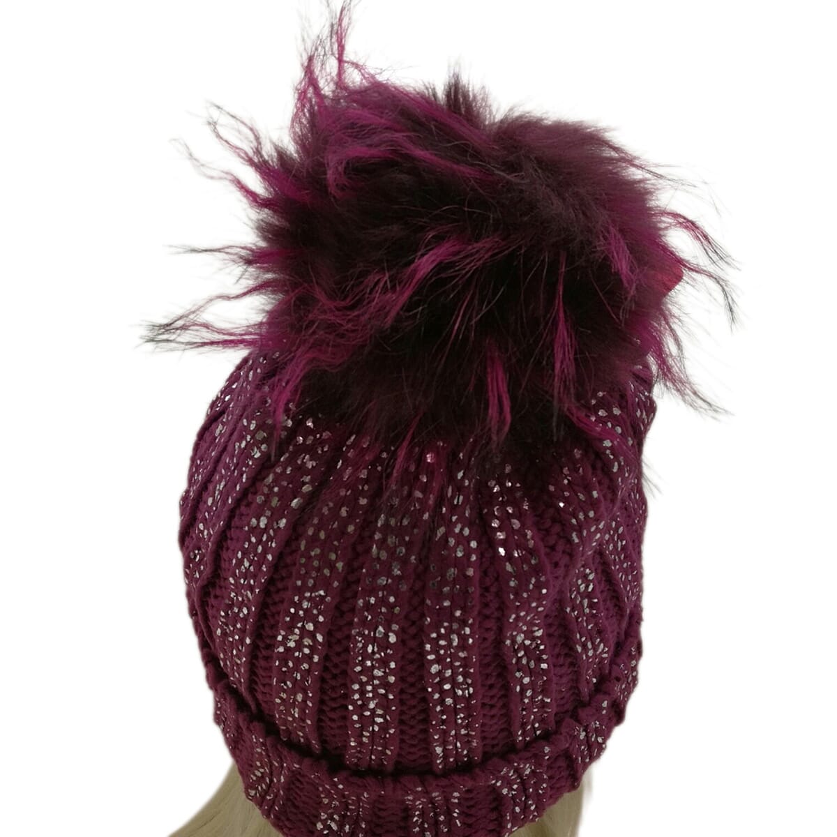 DOD- Plush Fleece Lined Faux Fur Pom Pom Hat - Purple