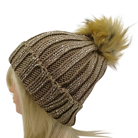 Plush Fleece Lined Faux Fur Pom Pom Hat - Brown