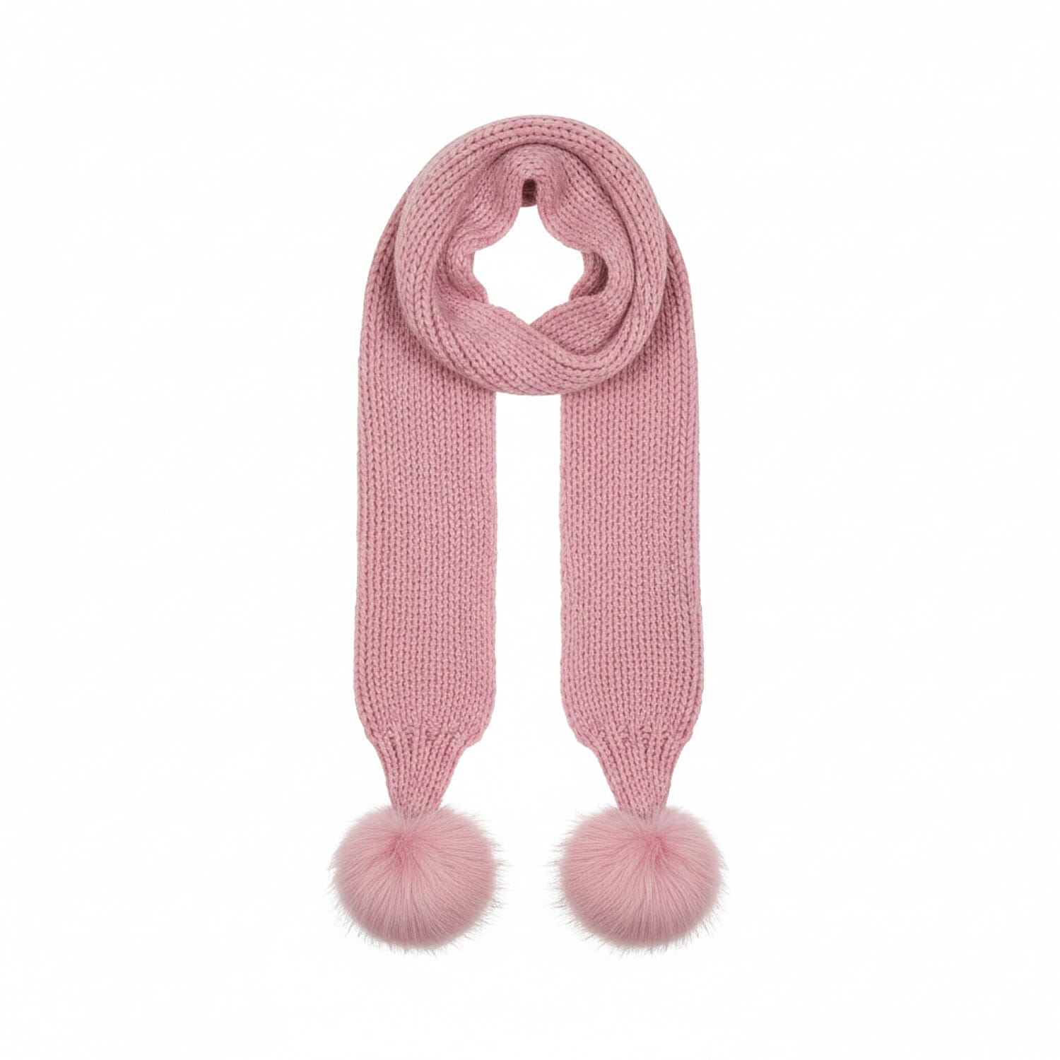 Long Knitted Pom Pom Scarf - Pink