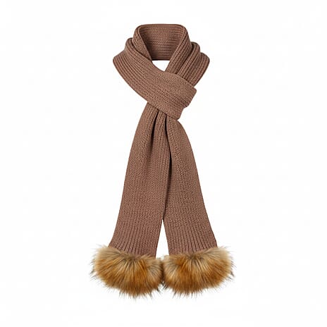 Long Knitted Pom Pom Scarf - Taupe