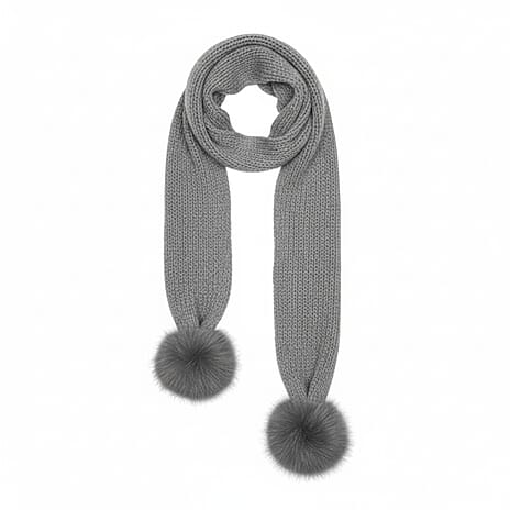 Long Knitted Pom Pom Scarf - Grey