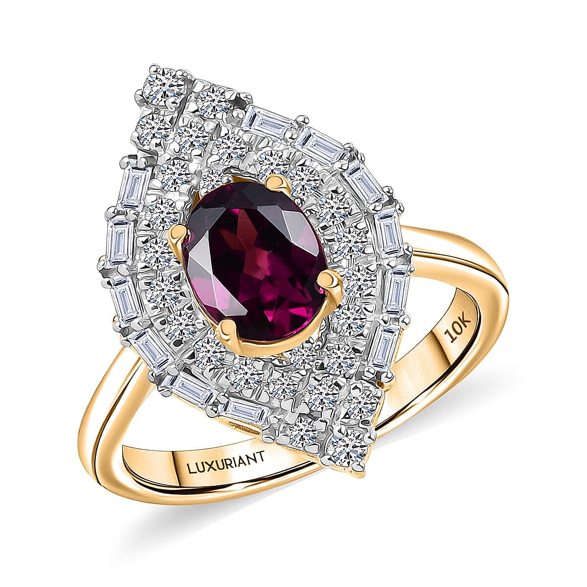 Luxuriant 10K Yellow Gold AAA Radiant Ember Garnet, Lab Grown Diamond GH, SI Main Stone With Surrounding Stone Ring, Gold Wt.3.85 Gms  2.059  Ct.