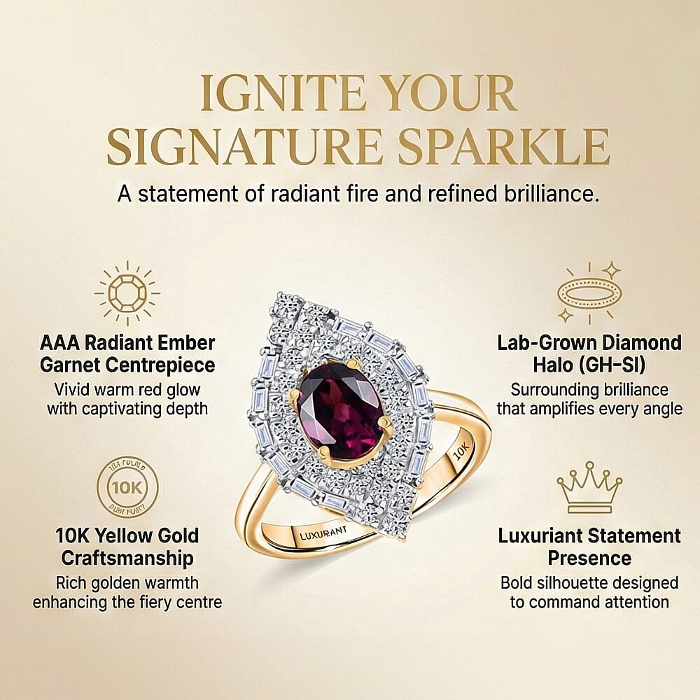 Luxuriant 10K Yellow Gold AAA Radiant Ember Garnet, Lab Grown Diamond GH, SI Main Stone With Surrounding Stone Ring, Gold Wt.3.85 Gms  2.059  Ct.