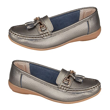 Jo-Joe Nautical Wide Fit Leather Loafer (Size 6) - Gunmetal