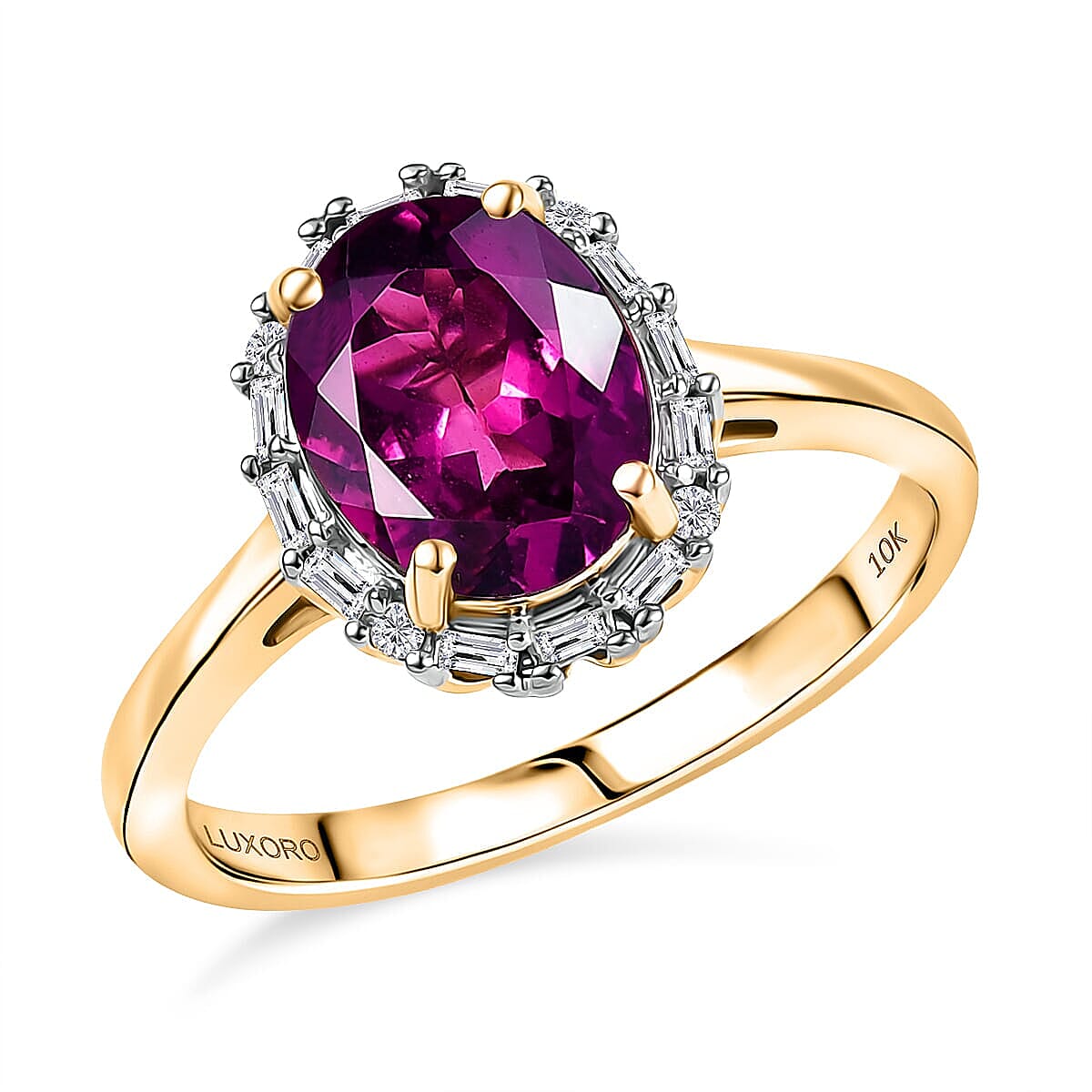 Luxoro 10K Yellow Gold AAA Radiant Ember Garnet, White Diamond I2 Main Stone With Surrounding Stone Ring, Gold Wt.2.53 Gms  2.391  Ct.