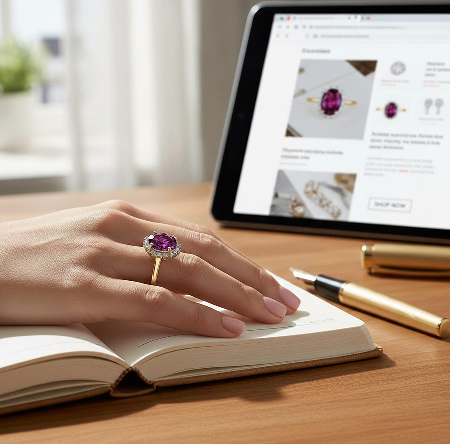 Luxoro 10K Yellow Gold AAA Radiant Ember Garnet, White Diamond I2 Main Stone With Surrounding Stone Ring, Gold Wt.2.7 Gms  2.391  Ct.