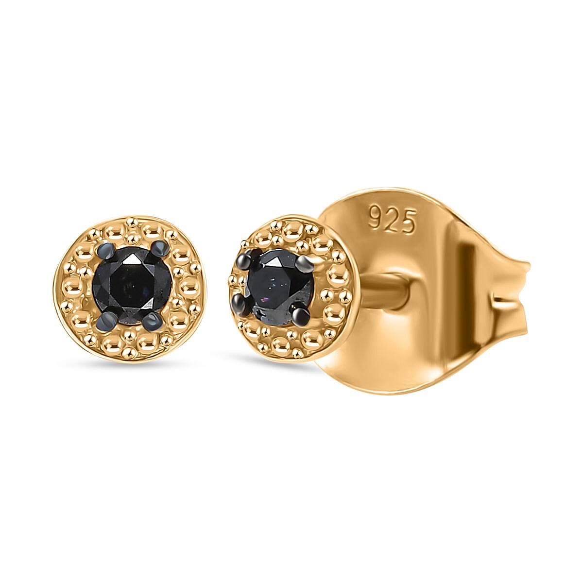 Black Diamond Solitaire Stud Push Post Earring in 14K Yellow Gold Plated Sterling Silver