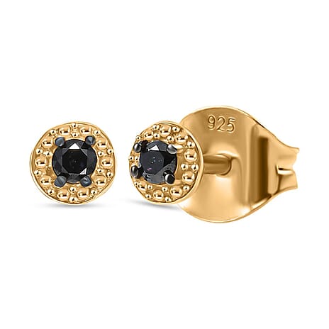 Black Diamond Solitaire Stud Push Post Earring in 14K Yellow Gold Plated Sterling Silver