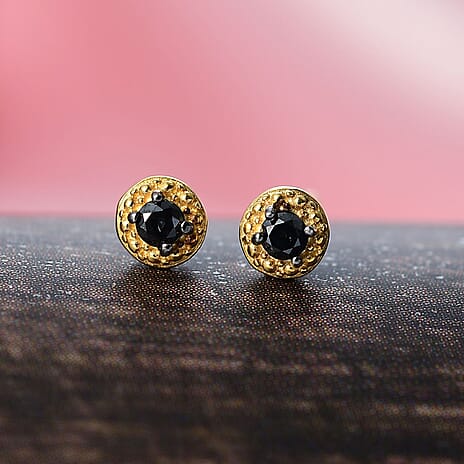 Black Diamond Solitaire Stud Push Post Earring in 14K Yellow Gold Plated Sterling Silver