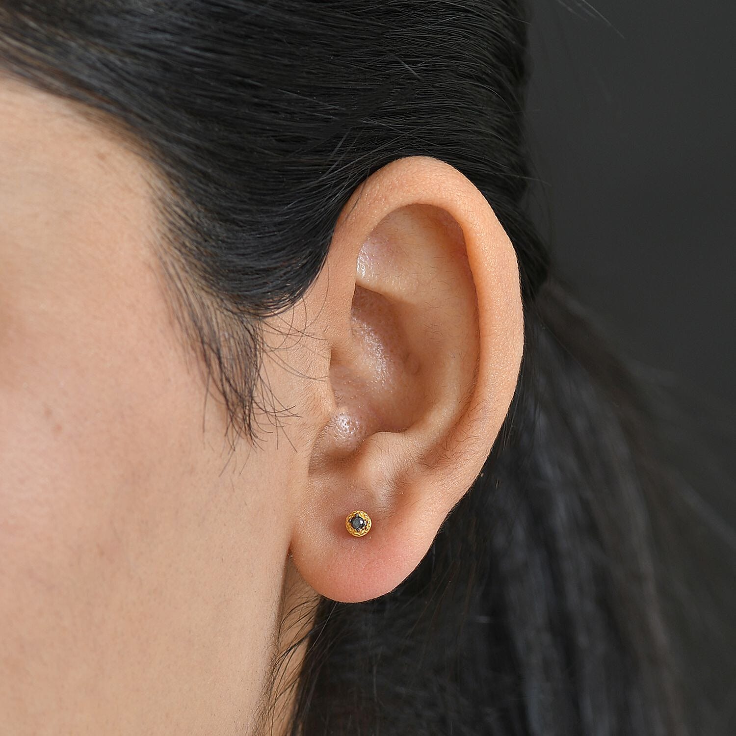 Black Diamond Solitaire Stud Push Post Earring in 14K Yellow Gold Plated Sterling Silver