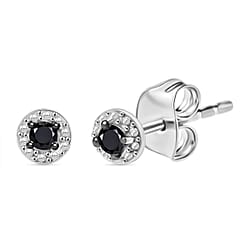 Black Diamond Solitaire Stud Push Post Earring in Platinum Overlay Sterling Silver