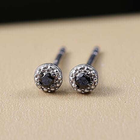 Black Diamond Solitaire Stud Push Post Earring in Platinum Overlay Sterling Silver