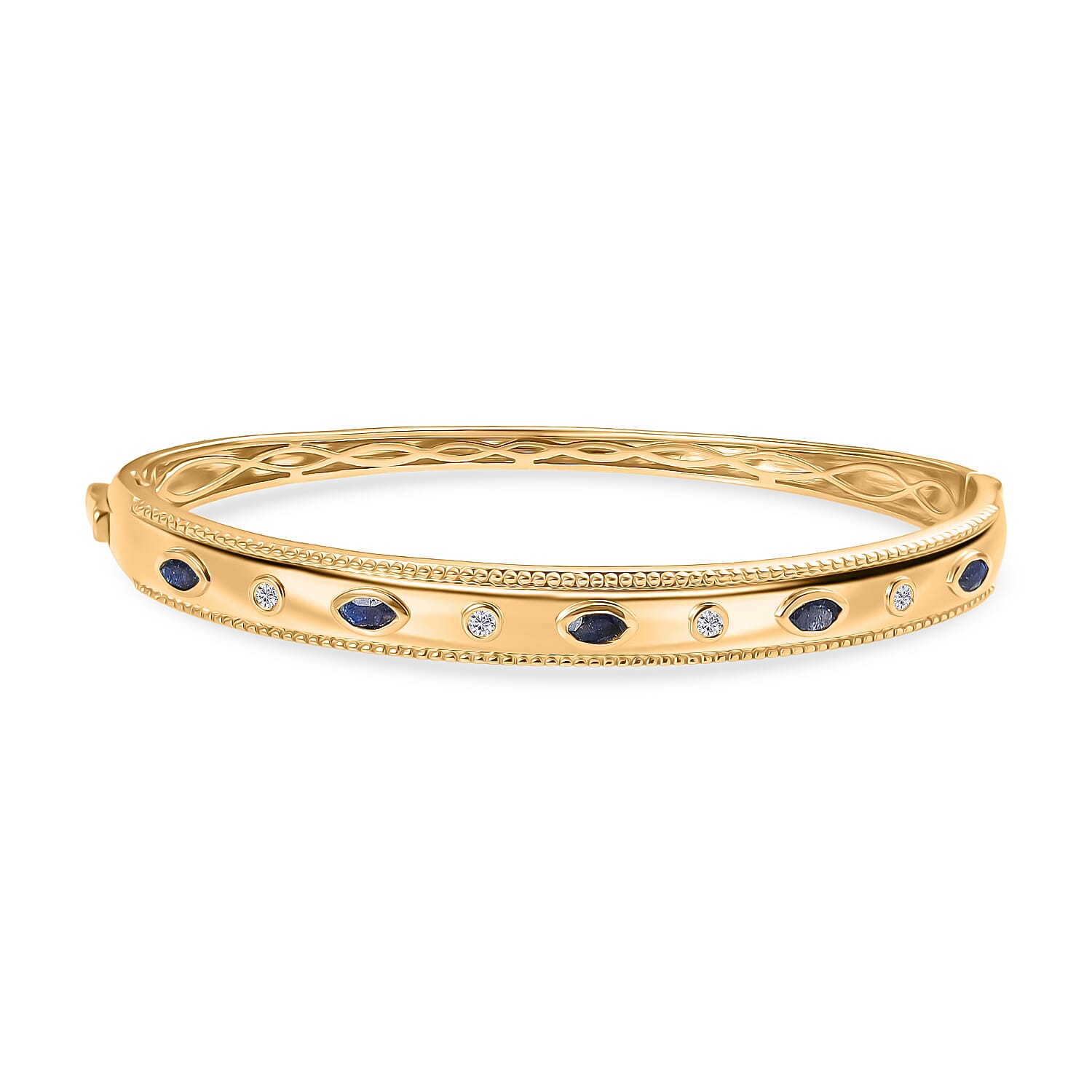 EverTrue Masoala Blue Sapphire & White Zircon Full Bangle (Size -7.5) in Yellow Gold Tone 1.28 Ct.