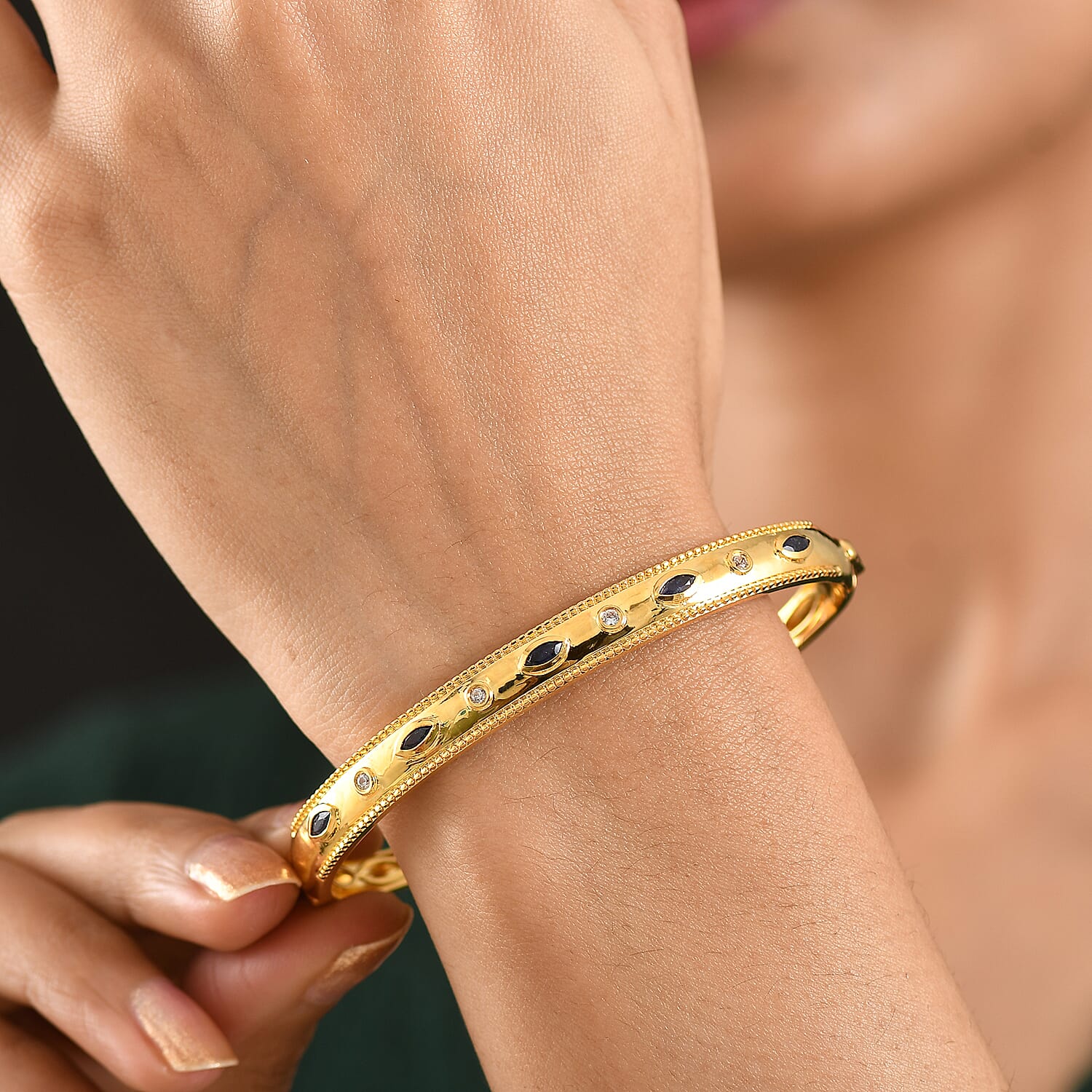 EverTrue Masoala Blue Sapphire & White Zircon Full Bangle (Size -7.5) in Yellow Gold Tone 1.28 Ct.