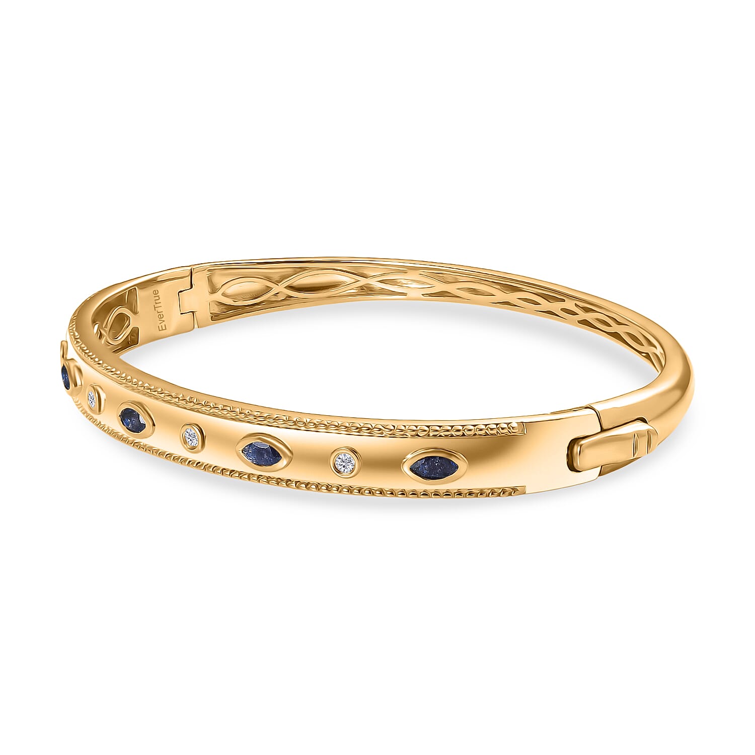 EverTrue Masoala Blue Sapphire & White Zircon Full Bangle (Size -7.5) in Yellow Gold Tone 1.28 Ct.