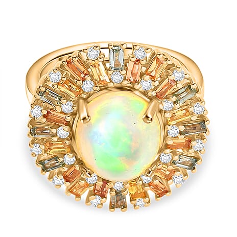 D'Joy Ethiopian Opal, Multi Sapphire & Moissanite Main Stone with Surrounding Stone Ring in 18K Vermeil Yellow Gold Plated Sterling Silver 5.71 Ct.