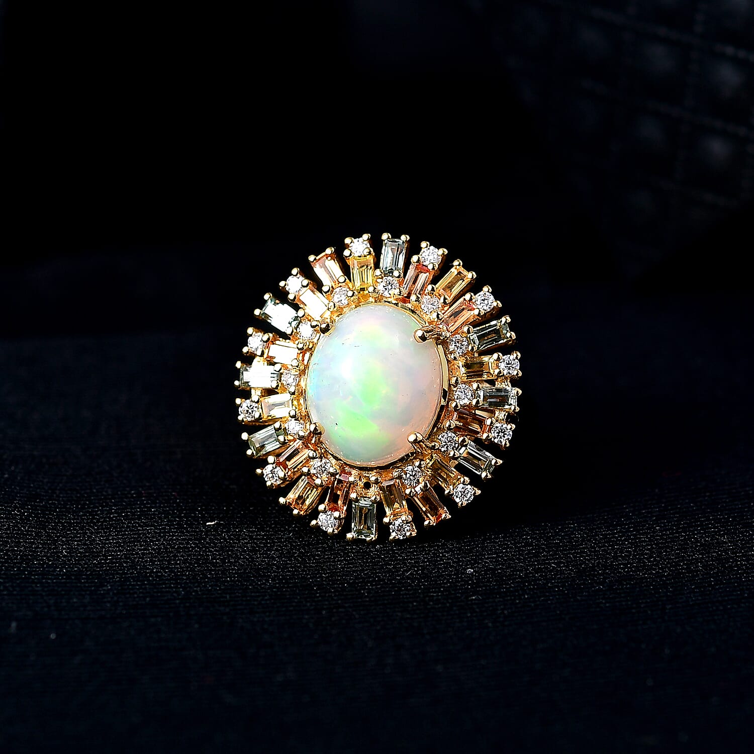 D'Joy Ethiopian Opal, Multi Sapphire & Moissanite Main Stone with Surrounding Stone Ring in 18K Vermeil Yellow Gold Plated Sterling Silver 5.71 Ct.