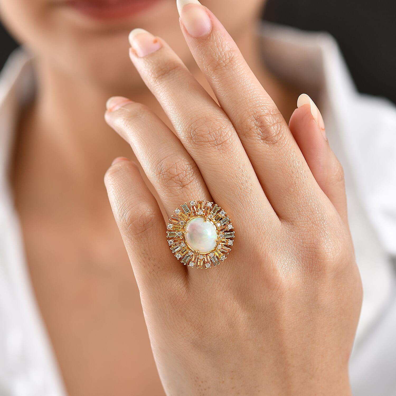 D'Joy Ethiopian Opal, Multi Sapphire & Moissanite Main Stone with Surrounding Stone Ring in 18K Vermeil Yellow Gold Plated Sterling Silver 5.71 Ct.