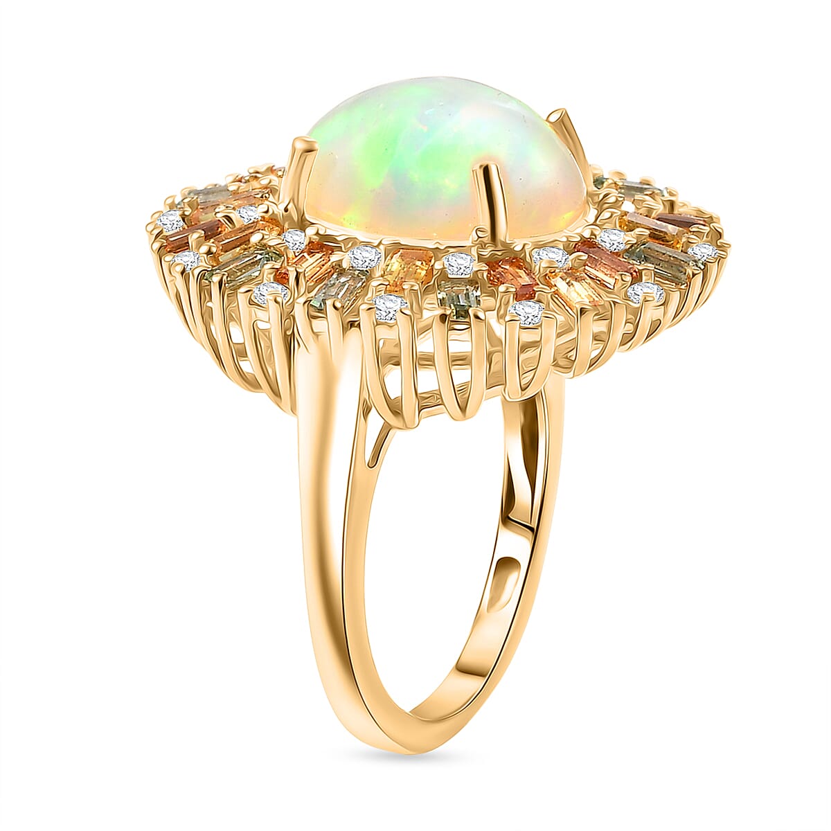 D'Joy Ethiopian Opal, Multi Sapphire & Moissanite Main Stone with Surrounding Stone Ring in 18K Vermeil Yellow Gold Plated Sterling Silver 5.71 Ct.