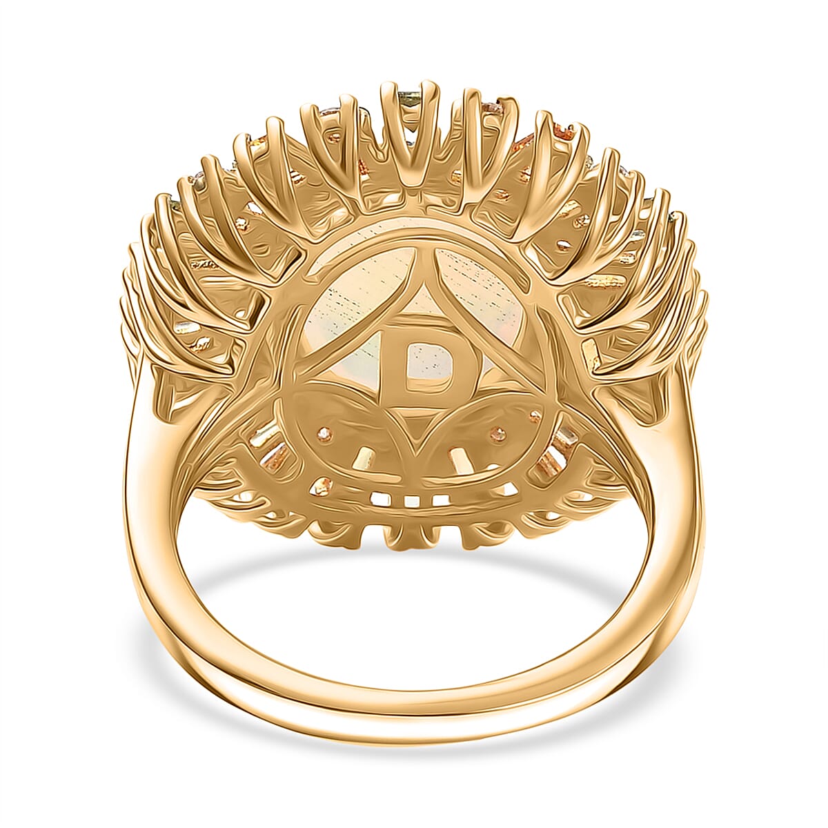 D'Joy Ethiopian Opal, Multi Sapphire & Moissanite Main Stone with Surrounding Stone Ring in 18K Vermeil Yellow Gold Plated Sterling Silver 5.71 Ct.