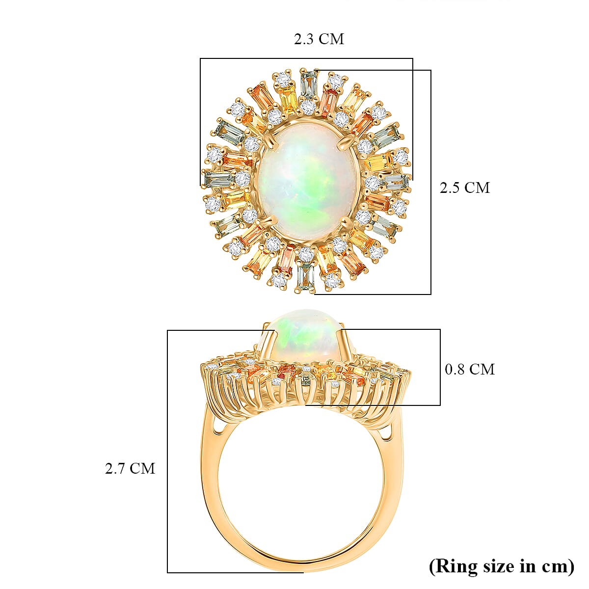 D'Joy Ethiopian Opal, Multi Sapphire & Moissanite Main Stone with Surrounding Stone Ring in 18K Vermeil Yellow Gold Plated Sterling Silver 5.71 Ct.