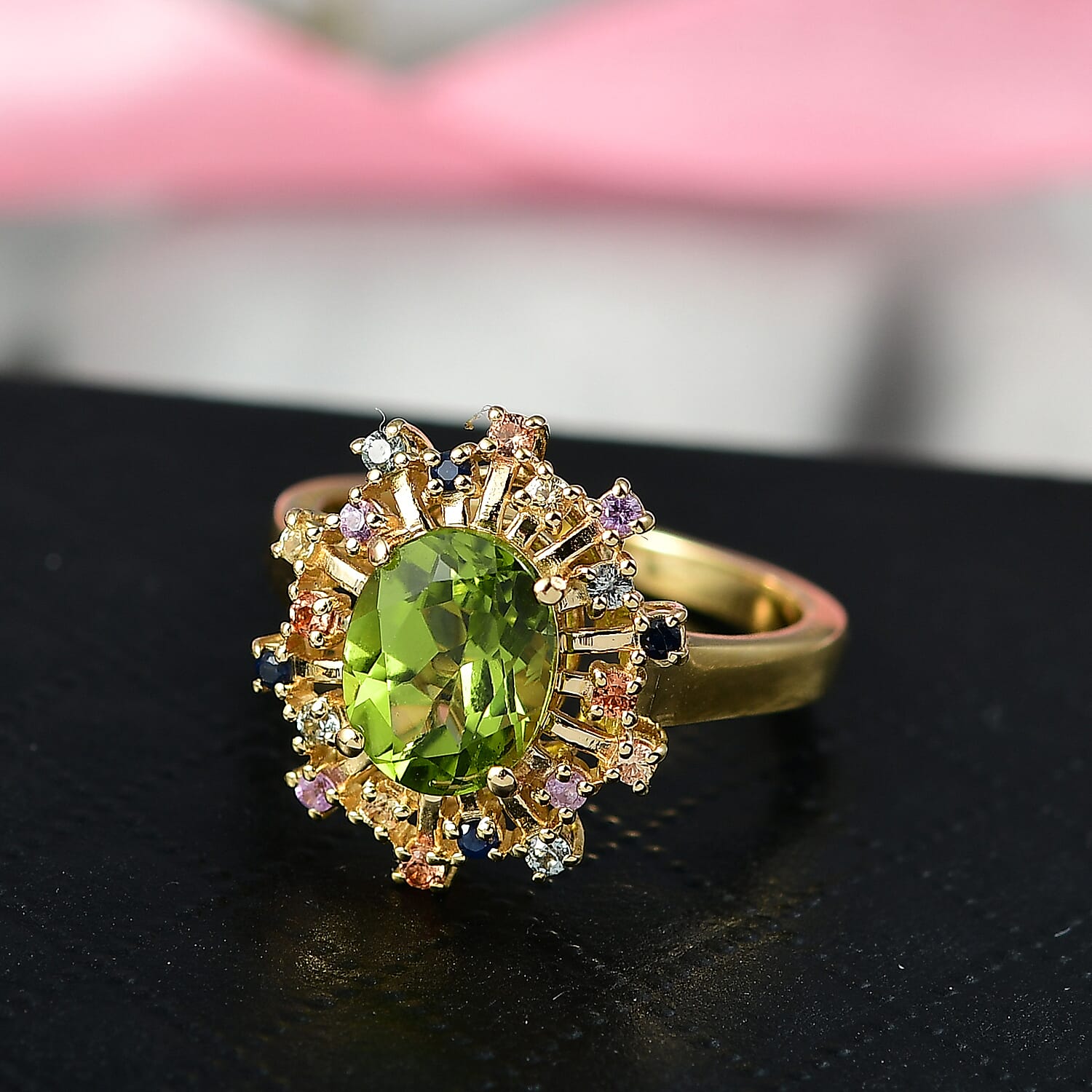 D'Joy Peridot & Multi Sapphire Cluster Ring in 18K Vermeil Yellow Gold Plated Sterling Silver 2.22 Ct.