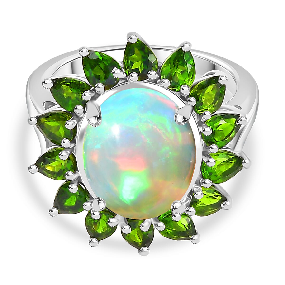 D'Joy Ethiopian Opal & Natural Chrome Diopside Ring in Rhodium Overlay Sterling Silver 5.99 Ct.