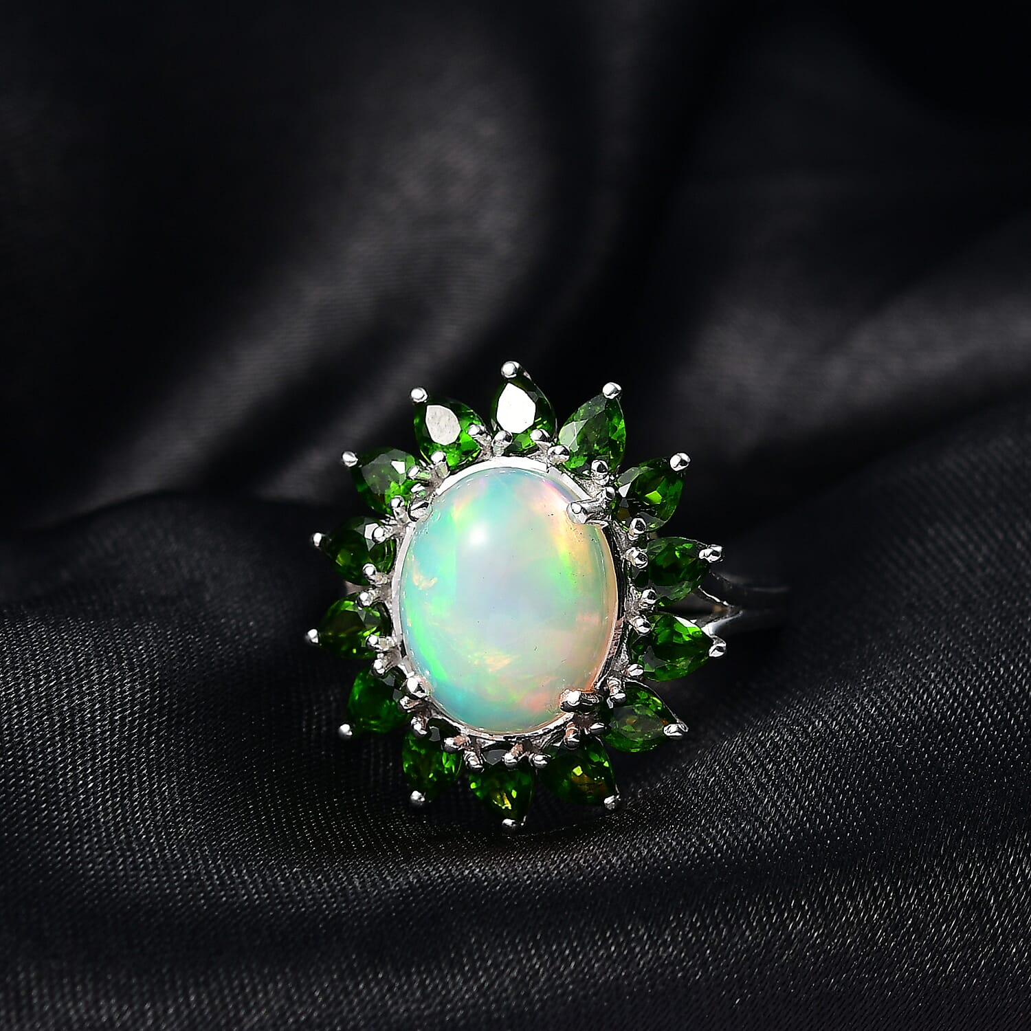 D'Joy Ethiopian Opal & Natural Chrome Diopside Ring in Rhodium Overlay Sterling Silver 5.99 Ct.