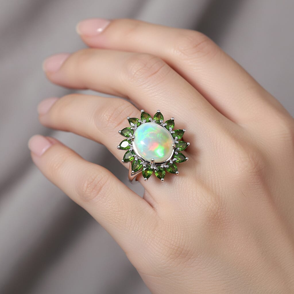 D'Joy Ethiopian Opal & Natural Chrome Diopside Ring in Rhodium Overlay Sterling Silver 5.99 Ct.