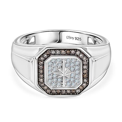 D'Joy White Diamond, Champagne Diamond Mens Ring in Rhodium OverlaySterling Silver, Silver Wt.6 Gms  0.334  Ct.