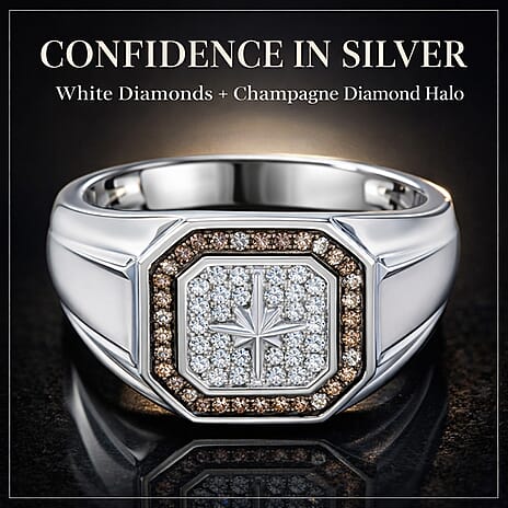 D'Joy White Diamond, Champagne Diamond Mens Ring in Rhodium OverlaySterling Silver, Silver Wt.6 Gms  0.334  Ct.
