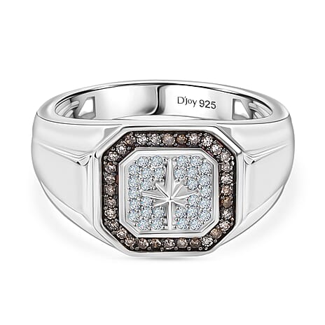 D'Joy White Diamond, Champagne Diamond Mens Ring in Rhodium OverlaySterling Silver, Silver Wt.6 Gms  0.334  Ct.