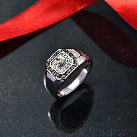 D'Joy White Diamond, Champagne Diamond Mens Ring in Rhodium OverlaySterling Silver, Silver Wt.6 Gms  0.334  Ct.