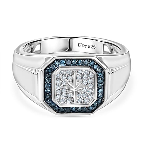 D'Joy White Diamond, Blue Diamond Mens Ring in Rhodium OverlaySterling Silver, Silver Wt.6 Gms  0.334  Ct.