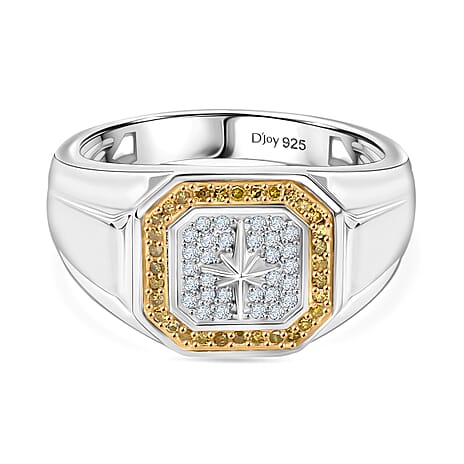 D'Joy White Diamond, Yellow Diamond Mens Ring in Rhodium OverlaySterling Silver, Silver Wt.6 Gms  0.334  Ct.