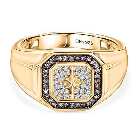 D'Joy White Diamond, Champagne Diamond Mens Ring in 18K YG VermeilSterling Silver, Silver Wt.6 Gms  0.334  Ct.