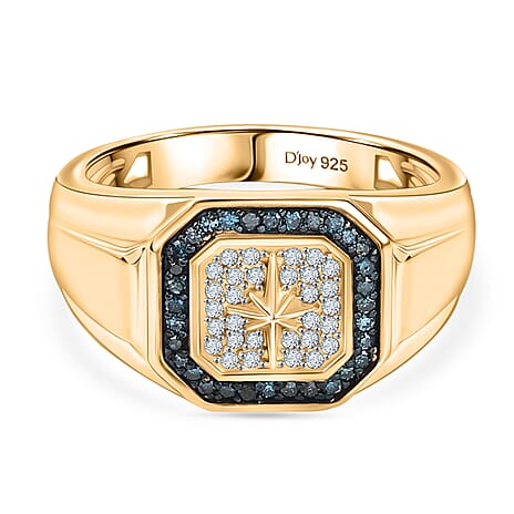 D'Joy White Diamond, Blue Diamond Mens Ring in 18K YG VermeilSterling Silver, Silver Wt.6 Gms  0.334  Ct.