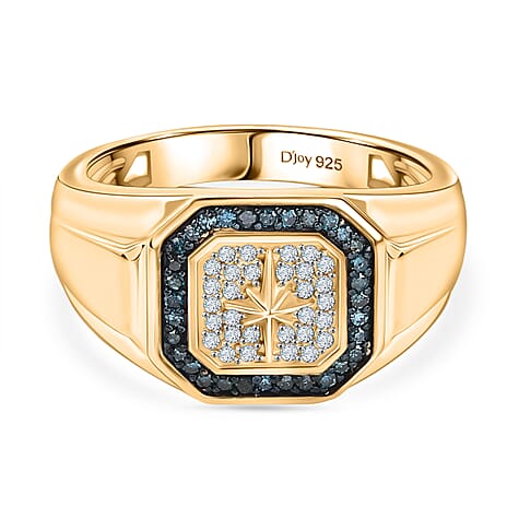 D'Joy White Diamond, Blue Diamond Mens Ring in 18K YG VermeilSterling Silver, Silver Wt.6 Gms  0.334  Ct.