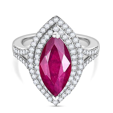 D'Joy Fissure Filled Natural Ruby, Moissanite Halo Ring in Rhodium Overlay Sterling Silver 4.78 Ct.
