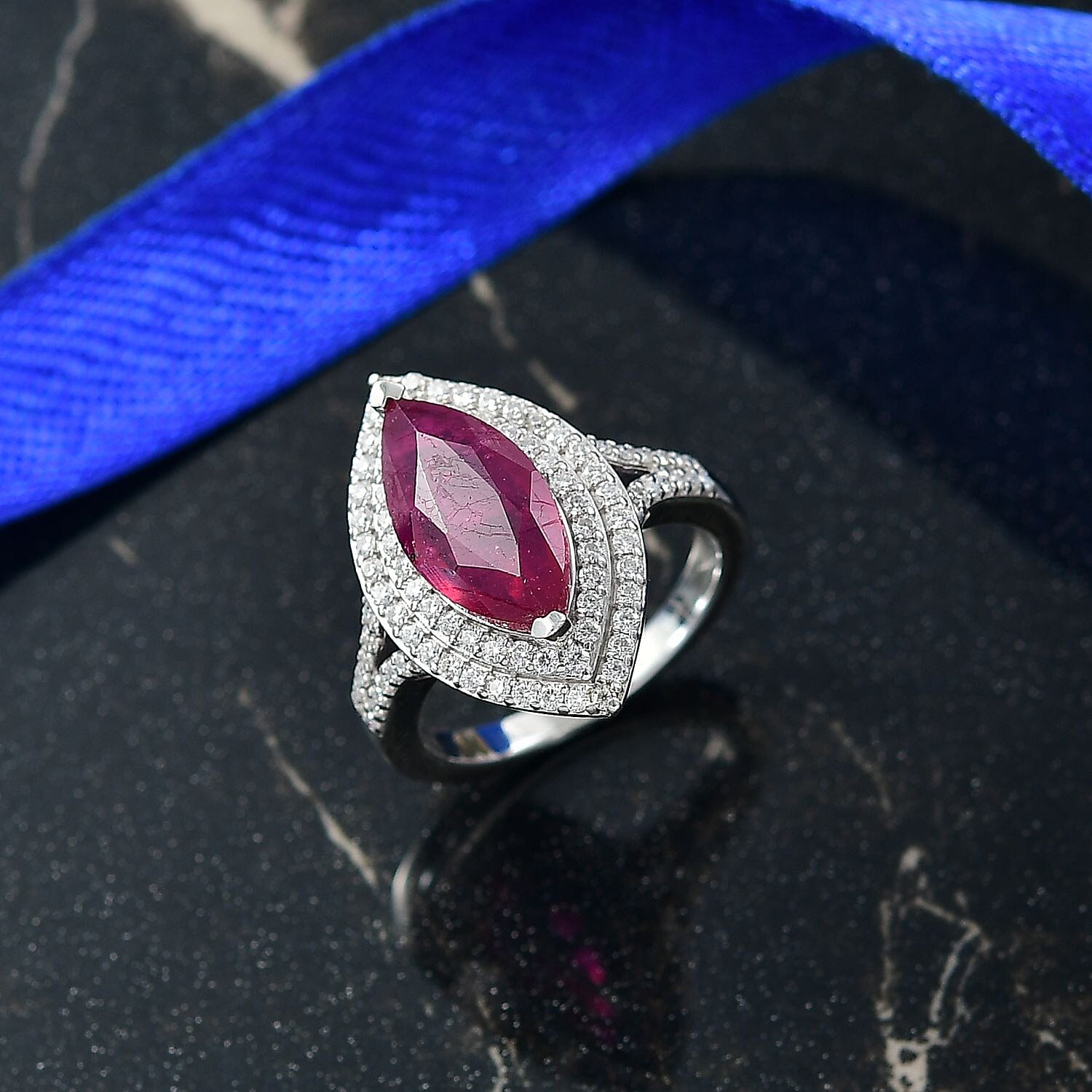 D'Joy Fissure Filled Ruby & Moissanite Halo Ring in Rhodium Overlay Sterling Silver 4.78 Ct.
