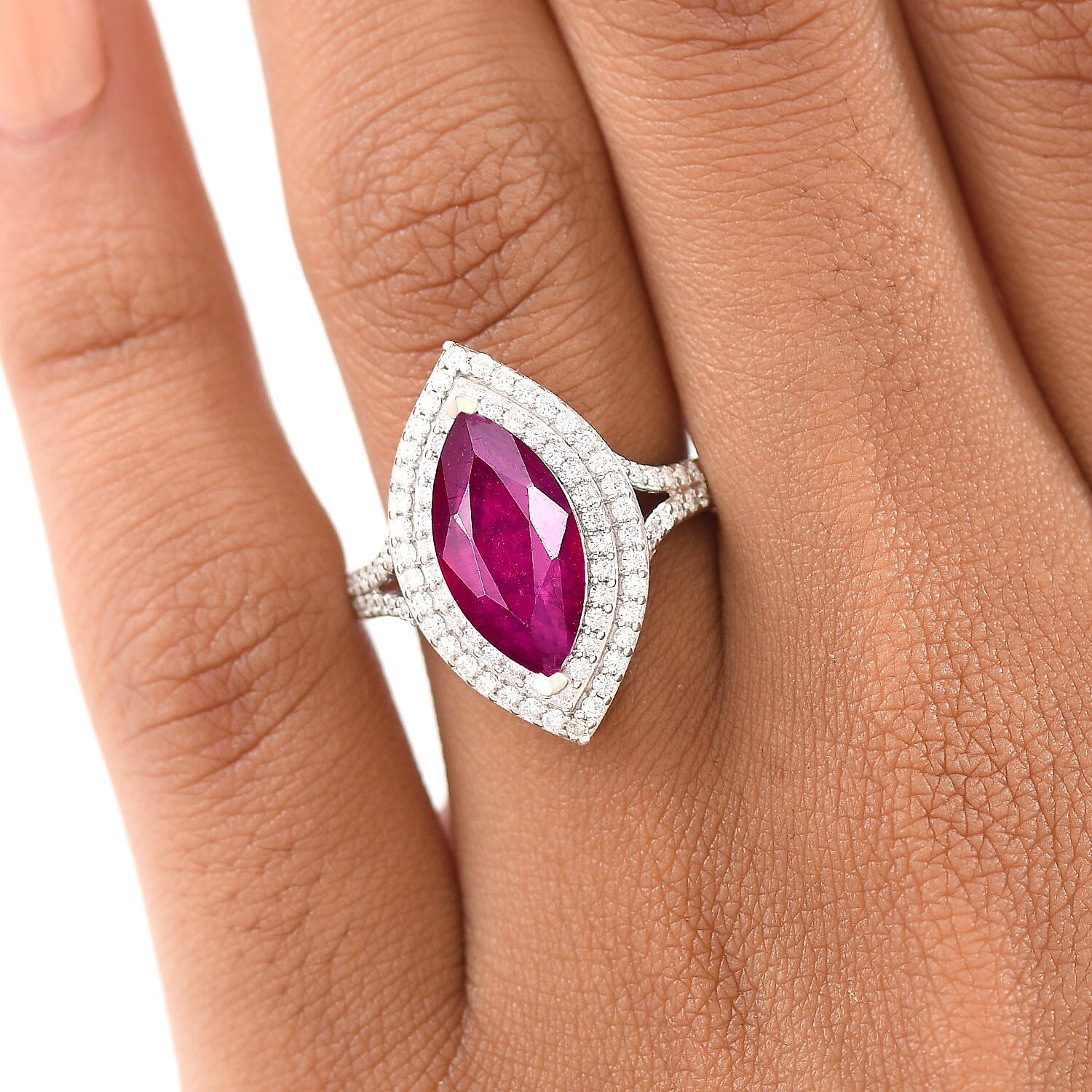 D'Joy Fissure Filled Ruby & Moissanite Halo Ring in Rhodium Overlay Sterling Silver 4.78 Ct.