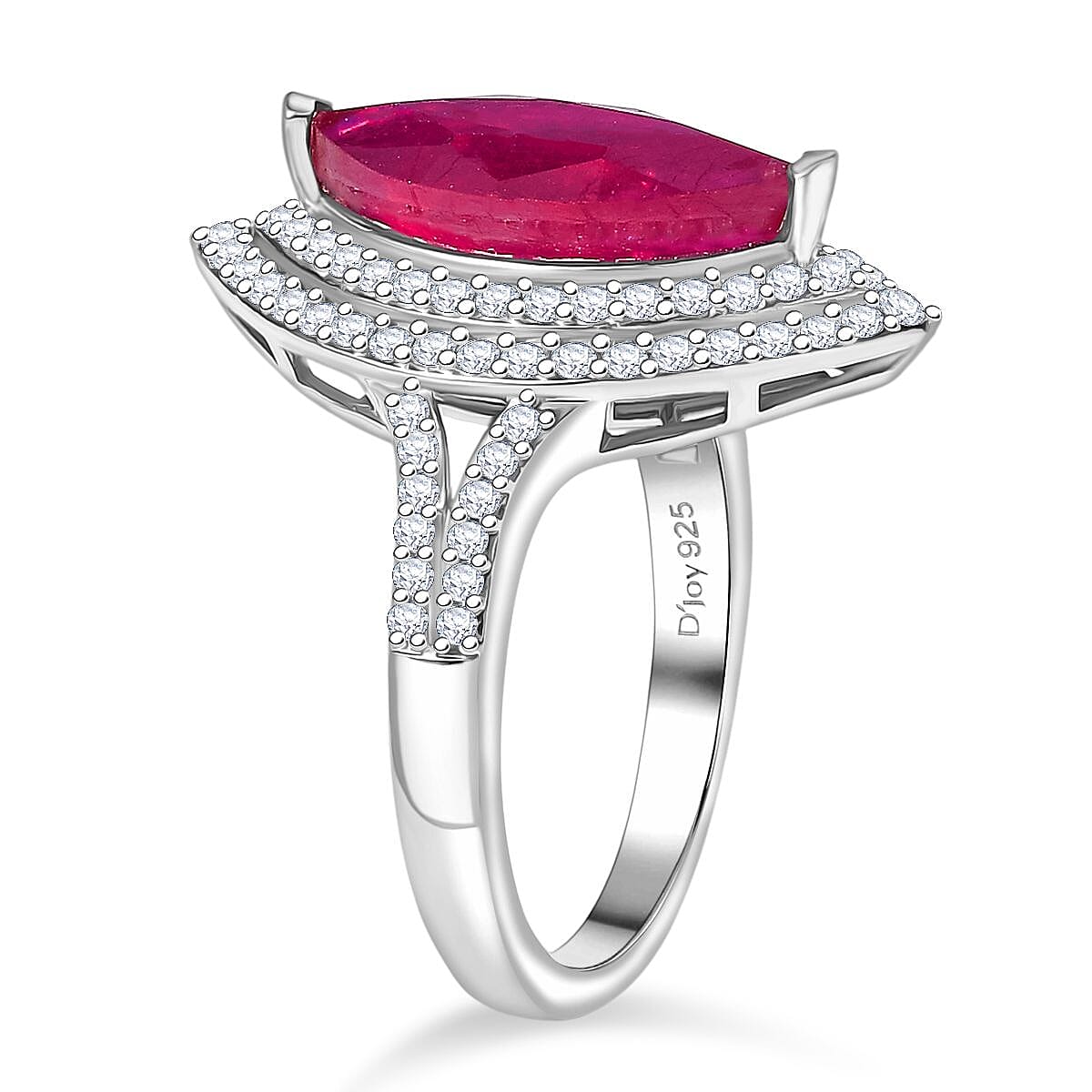 D'Joy Fissure Filled Ruby & Moissanite Halo Ring in Rhodium Overlay Sterling Silver 4.78 Ct.
