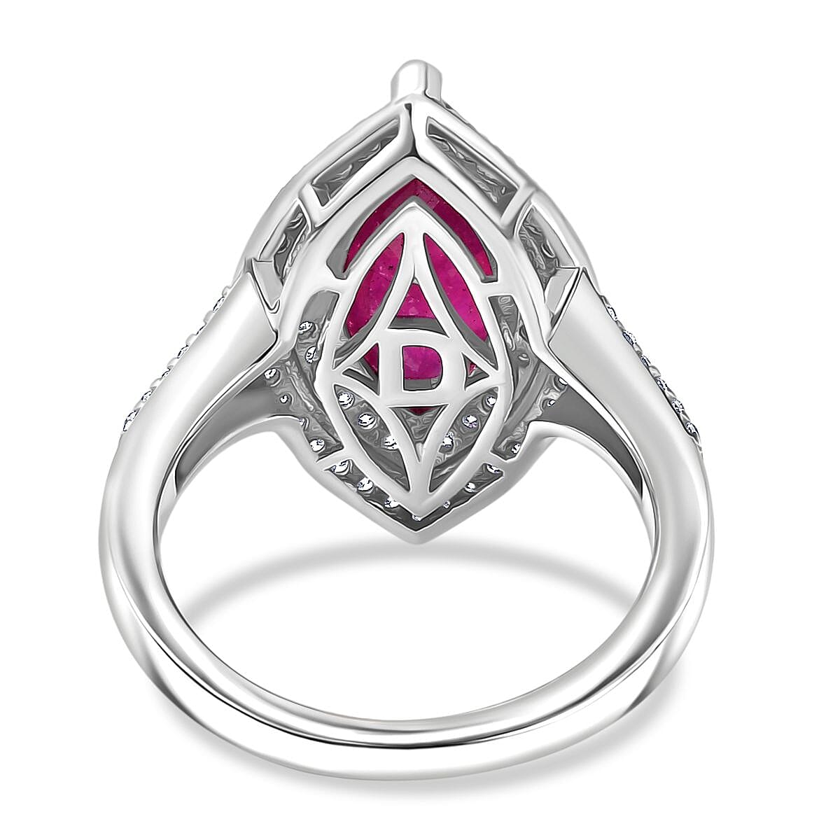 D'Joy Fissure Filled Ruby & Moissanite Halo Ring in Rhodium Overlay Sterling Silver 4.78 Ct.