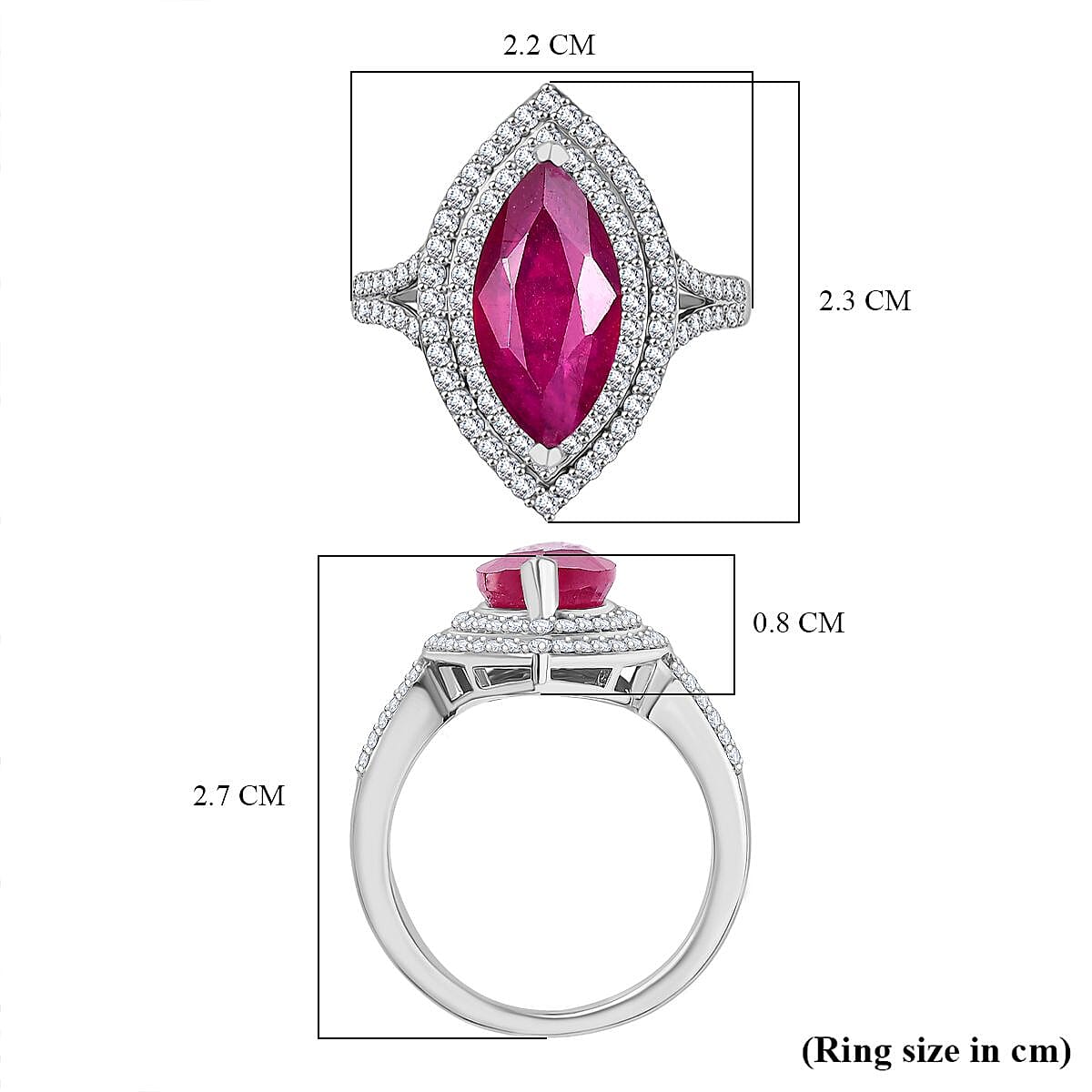 D'Joy Fissure Filled Ruby & Moissanite Halo Ring in Rhodium Overlay Sterling Silver 4.78 Ct.