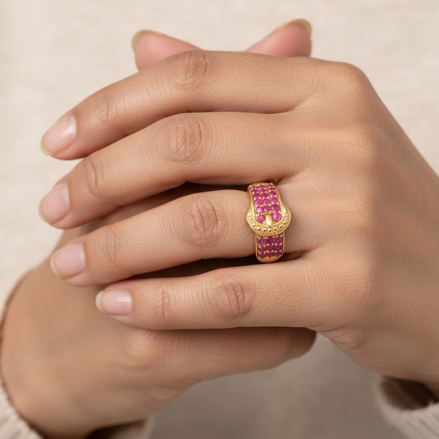 EverTrue African Ruby Buckle Ring in Yellow Gold Tone 1.56 Ct.