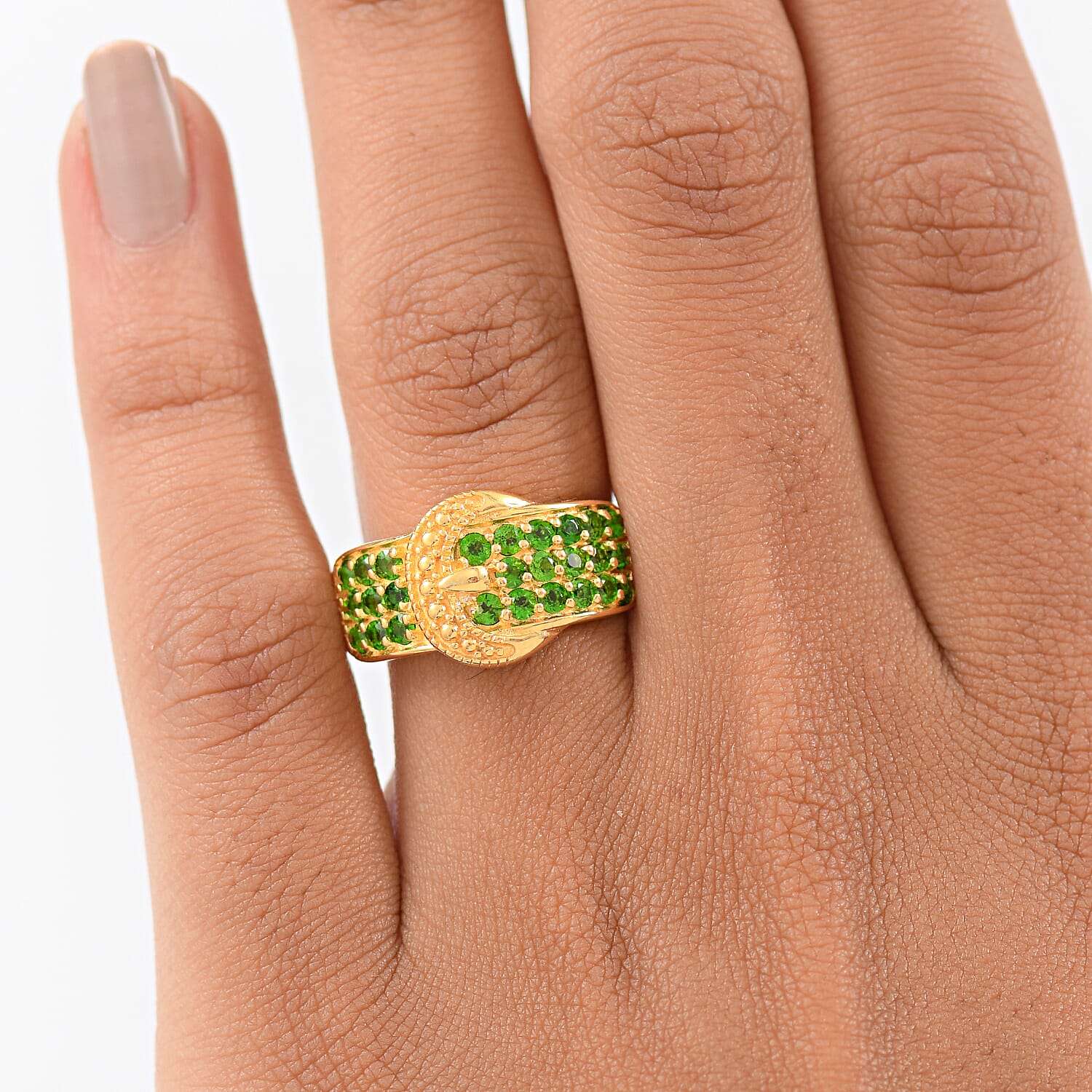 EverTrue Natural Chrome Diopside Buckle Ring in Yellow Gold Tone 1 Ct.