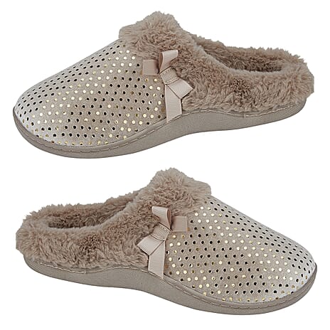 Jo - Joe Precious Sparkle Warm Faux Fur Lined Mules Slipper (Size 3) - Caramel