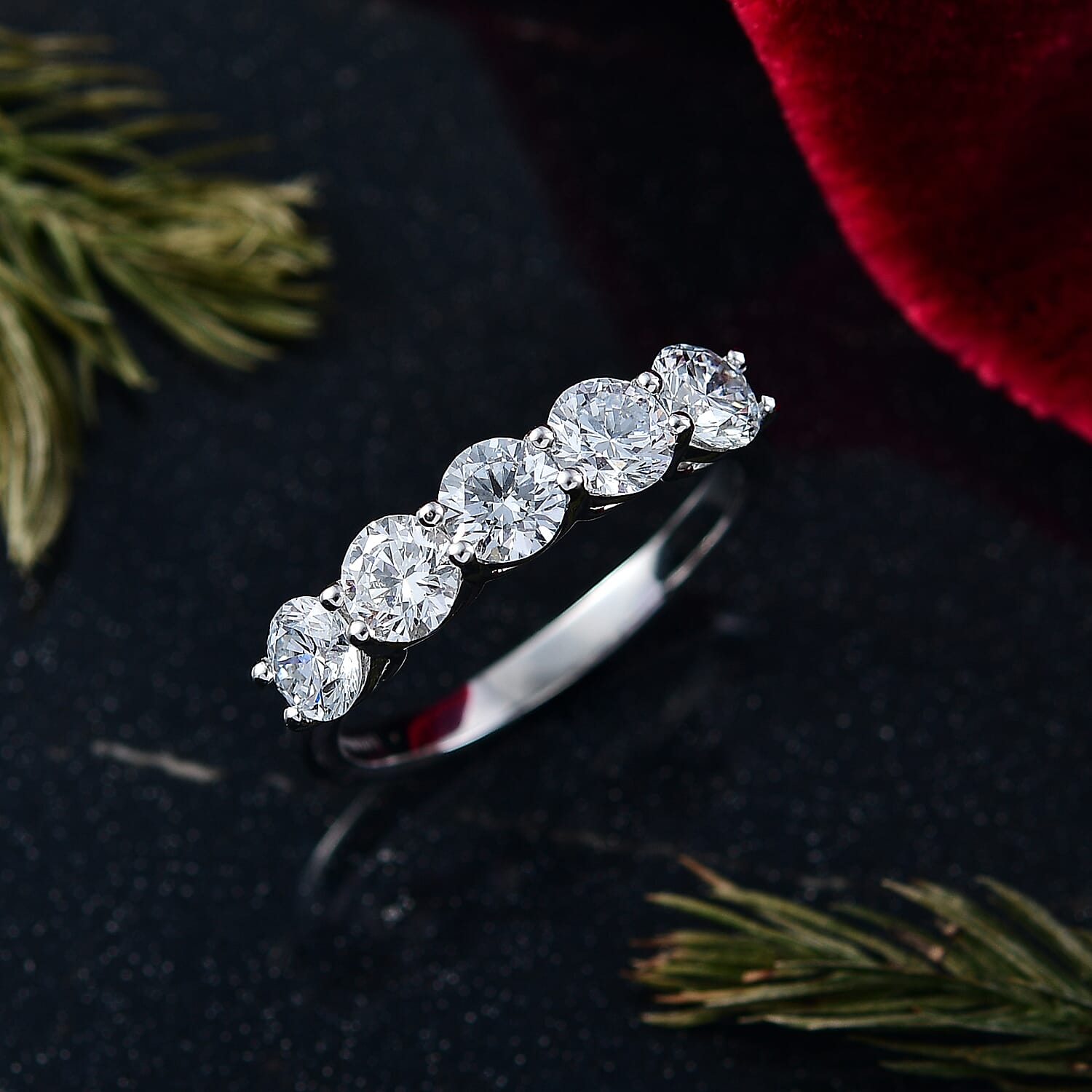 Luxuriant Lab Grown Diamond 5 Stone Ring in Rhodium OverlaySterling Silver  1.645  Ct.