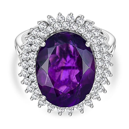 D'Joy 8.5 Ct. African Amethyst, White Zircon Double Halo Ring in Rhodium Overlay Sterling Silver